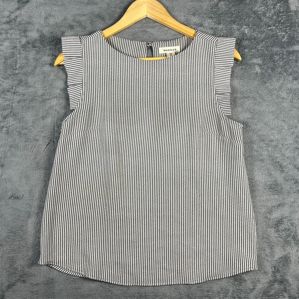 Monteau Los Angeles Blouse Top Womens M Multi Striped Ruffle Trim Keyhole Back